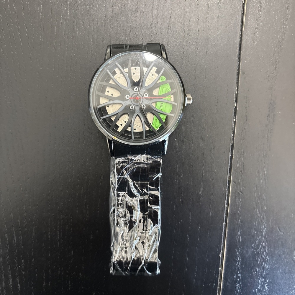 Mens Watch Round Wheel Green Brake Caliper And Rotor Shape Stainless Wristwatch
